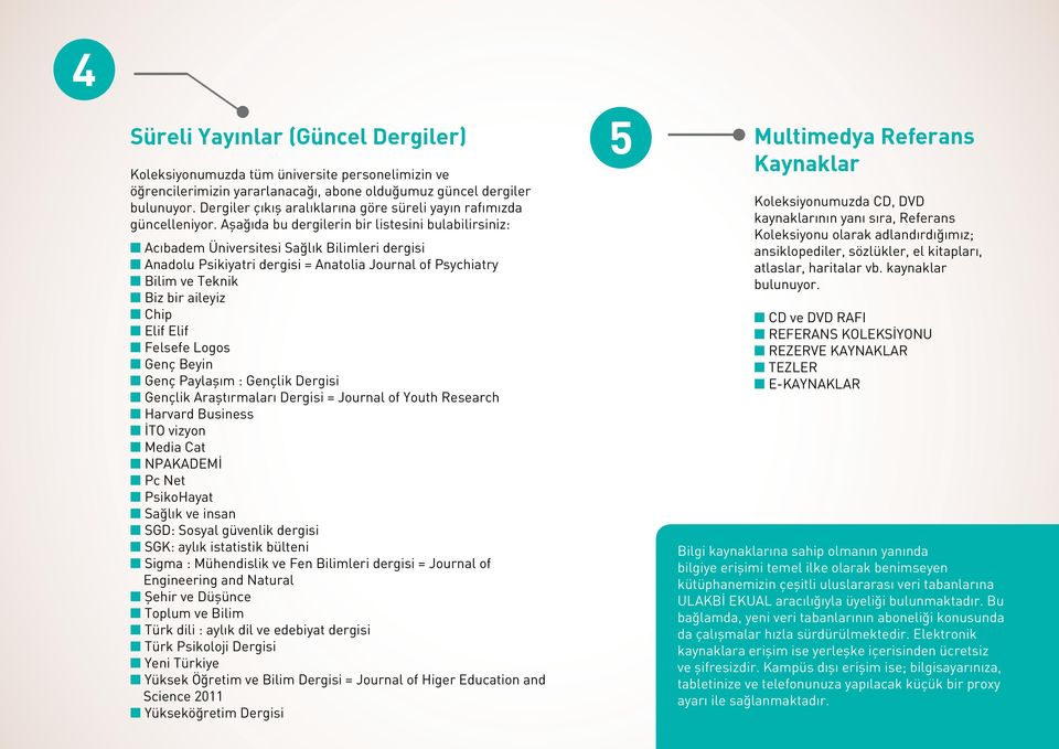 Aşağıda bu dergilerin bir listesini bulabilirsiniz: n Acıbadem Üniversitesi Sağlık Bilimleri dergisi n Anadolu Psikiyatri dergisi = Anatolia Journal of Psychiatry n Bilim ve Teknik n Biz bir aileyiz