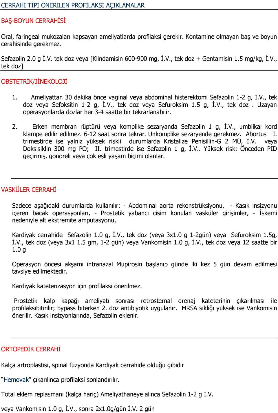 Ameliyattan 30 dakika önce vaginal veya abdominal histerektomi Sefazolin 1-2 g, İ.V., tek doz veya Sefoksitin 1-2 g, İ.V., tek doz veya Sefuroksim 1.5 g, İ.V., tek doz. Uzayan operasyonlarda dozlar her 3-4 saatte bir tekrarlanabilir.