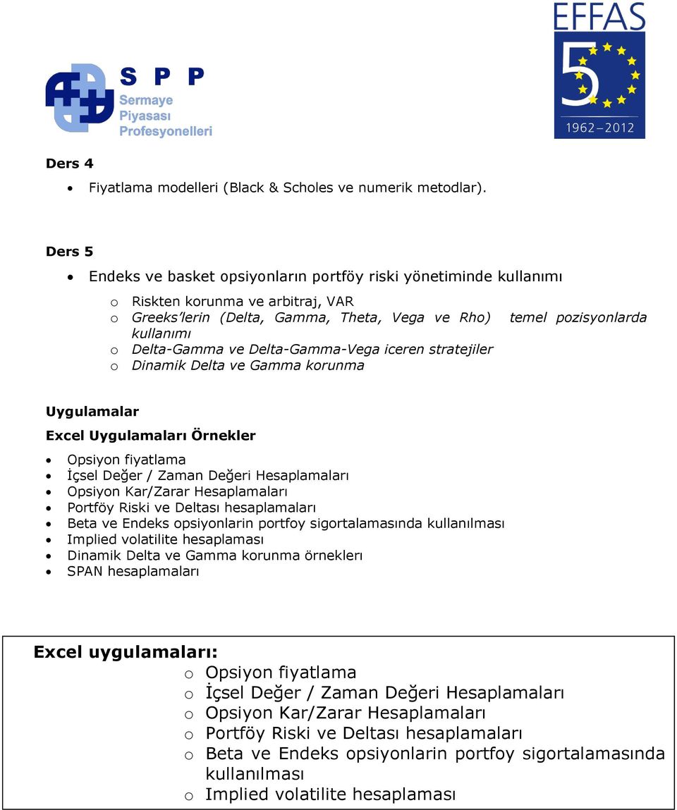 Delta-Gamma-Vega iceren stratejiler o Dinamik Delta ve Gamma korunma temel pozisyonlarda Uygulamalar Excel Uygulamaları Örnekler Opsiyon fiyatlama İçsel Değer / Zaman Değeri Hesaplamaları Opsiyon