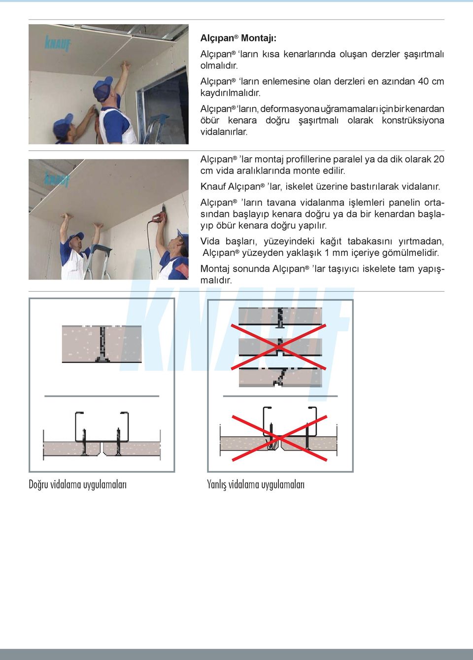 Alçıpan lar montaj profi llerine paralel ya da dik olarak 20 cm vida aralıklarında monte edilir. Knauf Alçıpan lar, iskelet üzerine bastırılarak vidalanır.