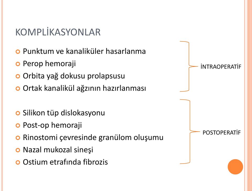 İNTRAOPERATİF Silikon tüp dislokasyonu Post-op hemoraji Rinostomi