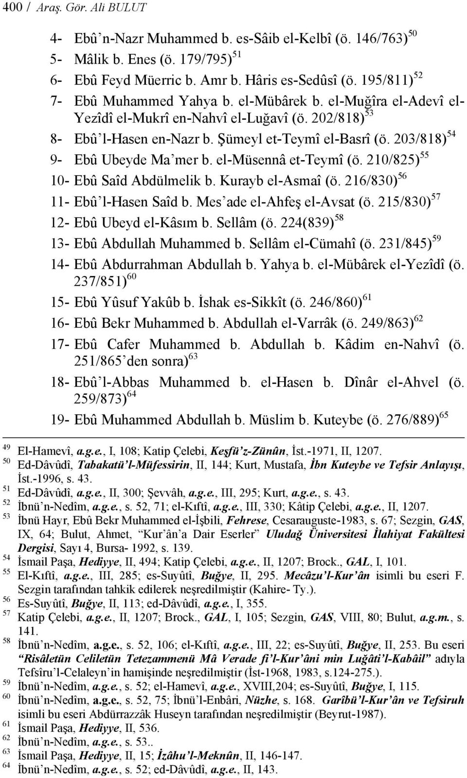 203/818) 54 9- Ebû Ubeyde Ma mer b. el-müsennâ et-teymî (ö. 210/825) 55 10- Ebû Saîd Abdülmelik b. Kurayb el-asmaî (ö. 216/830) 56 11- Ebû l-hasen Saîd b. Mes ade el-ahfeş el-avsat (ö.