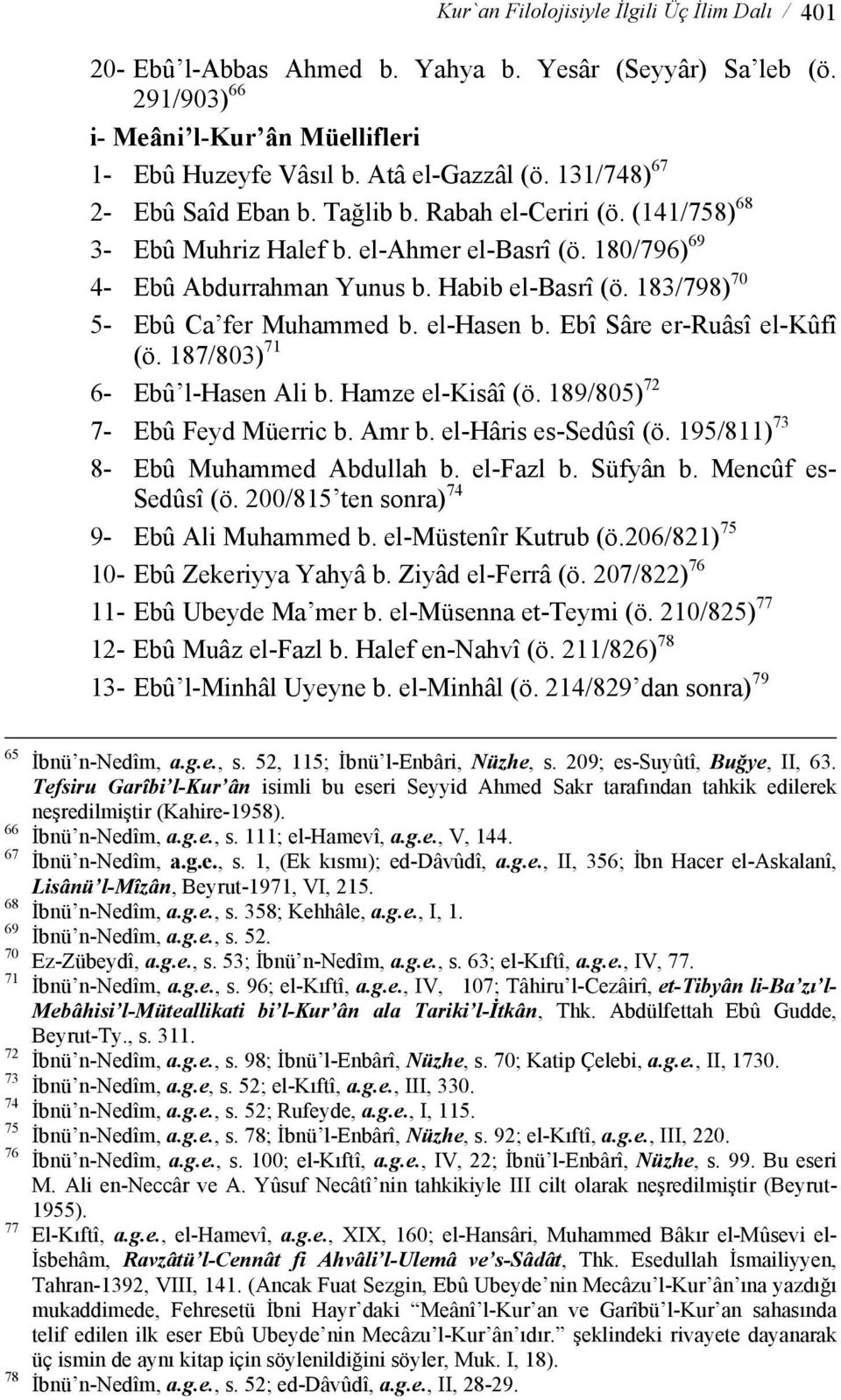 183/798) 70 5- Ebû Ca fer Muhammed b. el-hasen b. Ebî Sâre er-ruâsî el-kûfî (ö. 187/803) 71 6- Ebû l-hasen Ali b. Hamze el-kisâî (ö. 189/805) 72 7- Ebû Feyd Müerric b. Amr b. el-hâris es-sedûsî (ö.