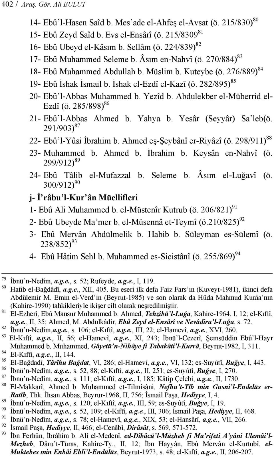 282/895) 85 20- Ebû l-abbas Muhammed b. Yezîd b. Abdulekber el-müberrid el- Ezdî (ö. 285/898) 86 21- Ebû l-abbas Ahmed b. Yahya b. Yesâr (Seyyâr) Sa leb(ö. 291/903) 87 22- Ebû l-yûsi İbrahim b.