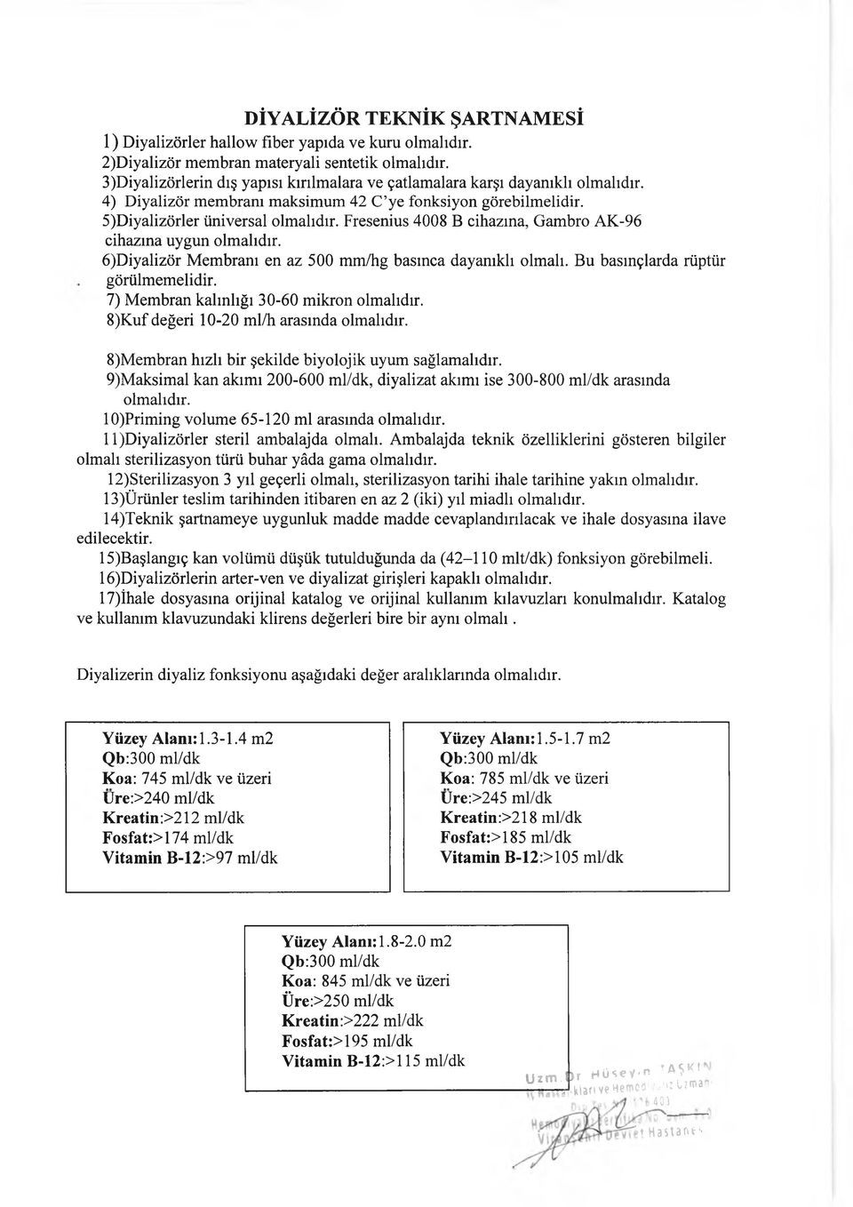 Fresenius 4008 B cihazına, Gambro AK-96 cihazına uygun olmalıdır. 6)Diyalizör Membranı en az 500 mm/hg basınca dayanıklı olmalı. Bu basınçlarda rüptür görülmemelidir.