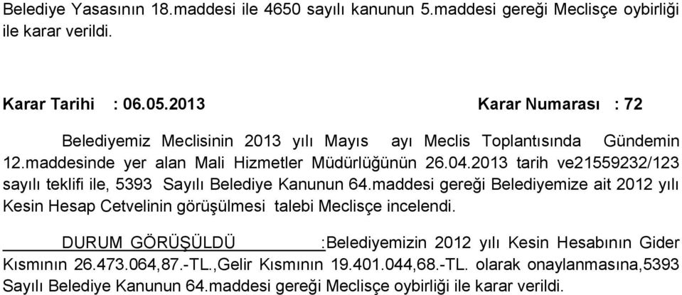 2013 tarih ve21559232/123 sayılı teklifi ile, 5393 Sayılı Belediye Kanunun 64.