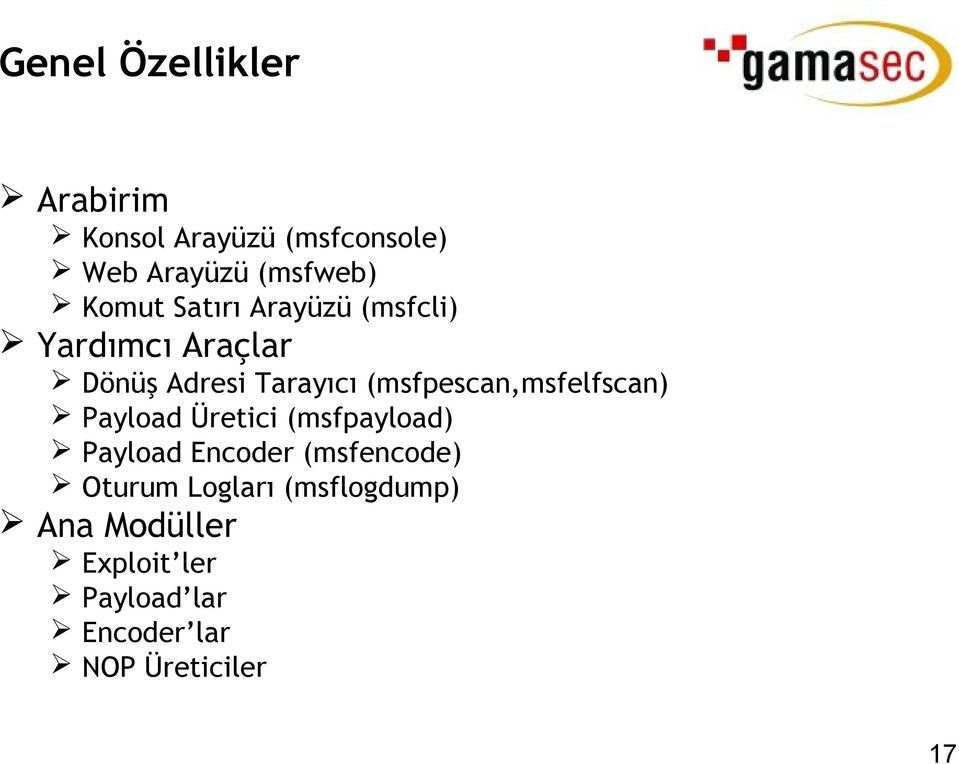 (msfpescan,msfelfscan) Payload Üretici (msfpayload) Payload Encoder (msfencode)