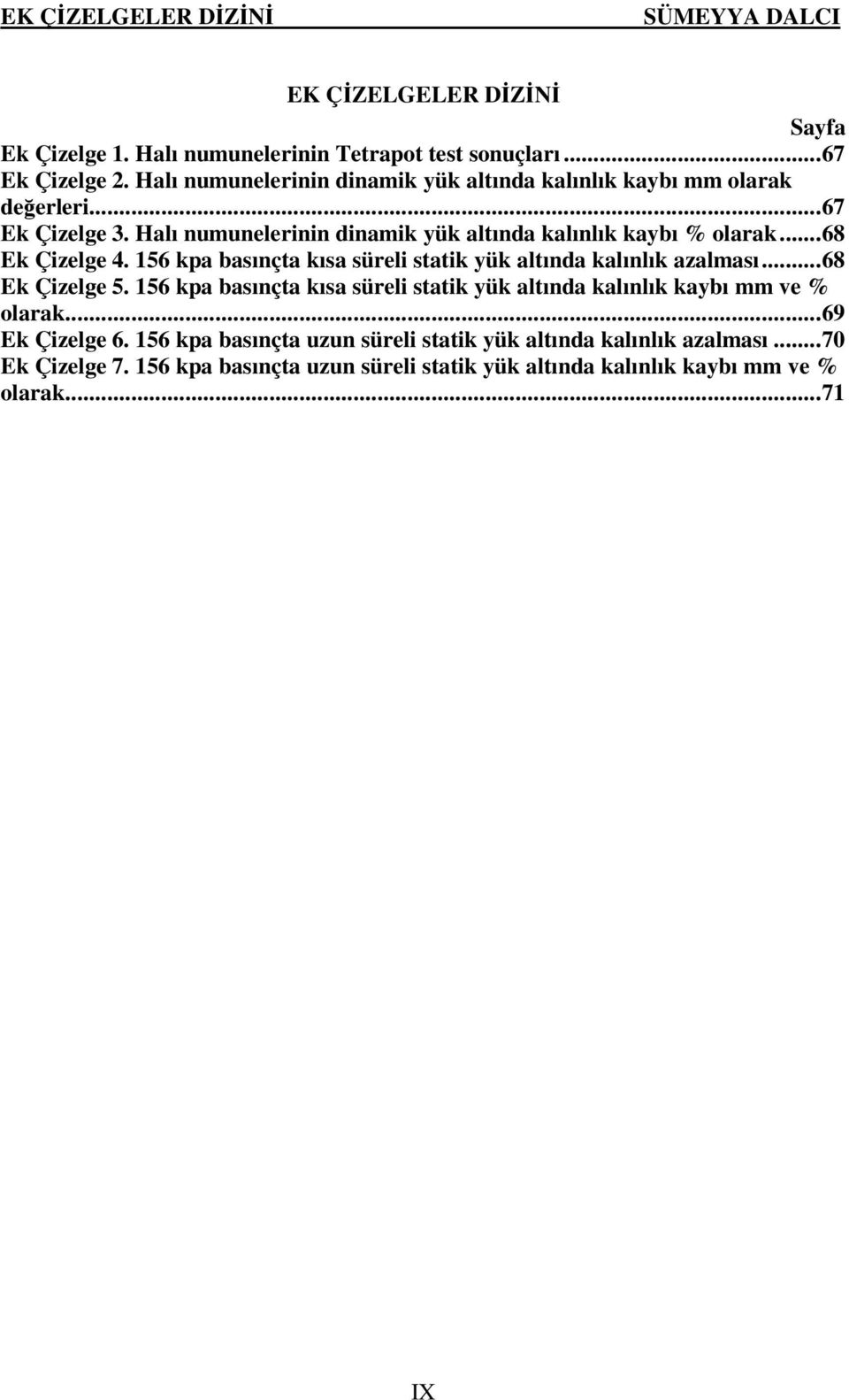 ..68 Ek Çizelge 4. 156 kpa basınçta kısa süreli statik yük altında kalınlık azalması...68 Ek Çizelge 5.