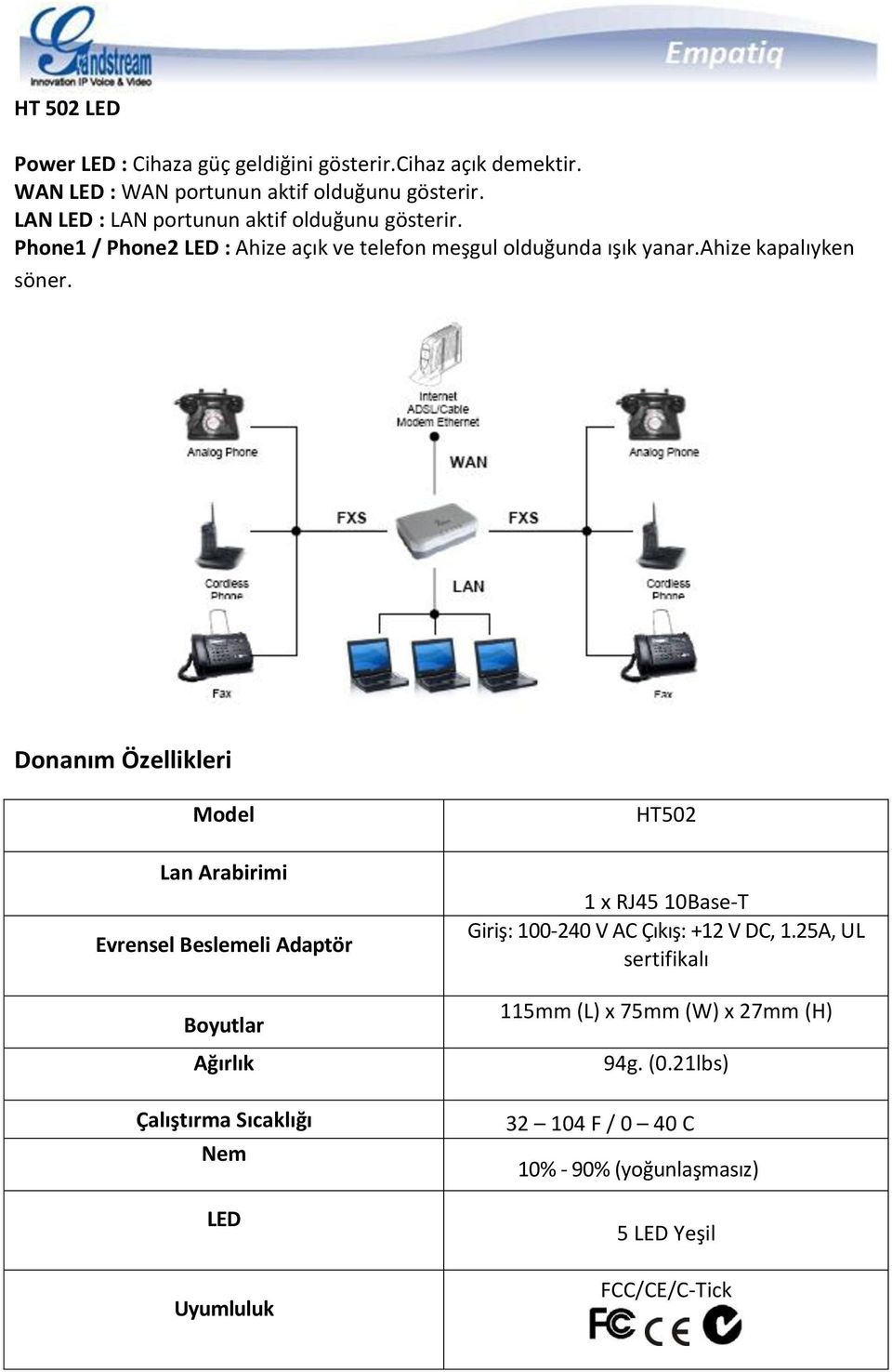 Donanım Özellikleri Model Lan Arabirimi Evrensel Beslemeli Adaptör Boyutlar Ağırlık Çalıştırma Sıcaklığı Nem LED Uyumluluk HT502 1 x RJ45 10Base-T