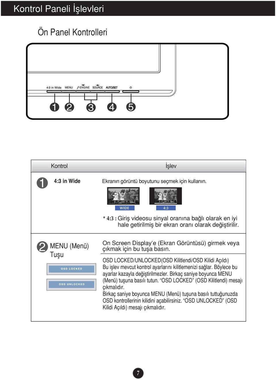 MENU (Menü) Tuflu On Screen Display e (Ekran Görüntüsü) girmek veya ç kmak için bu tufla bas n.