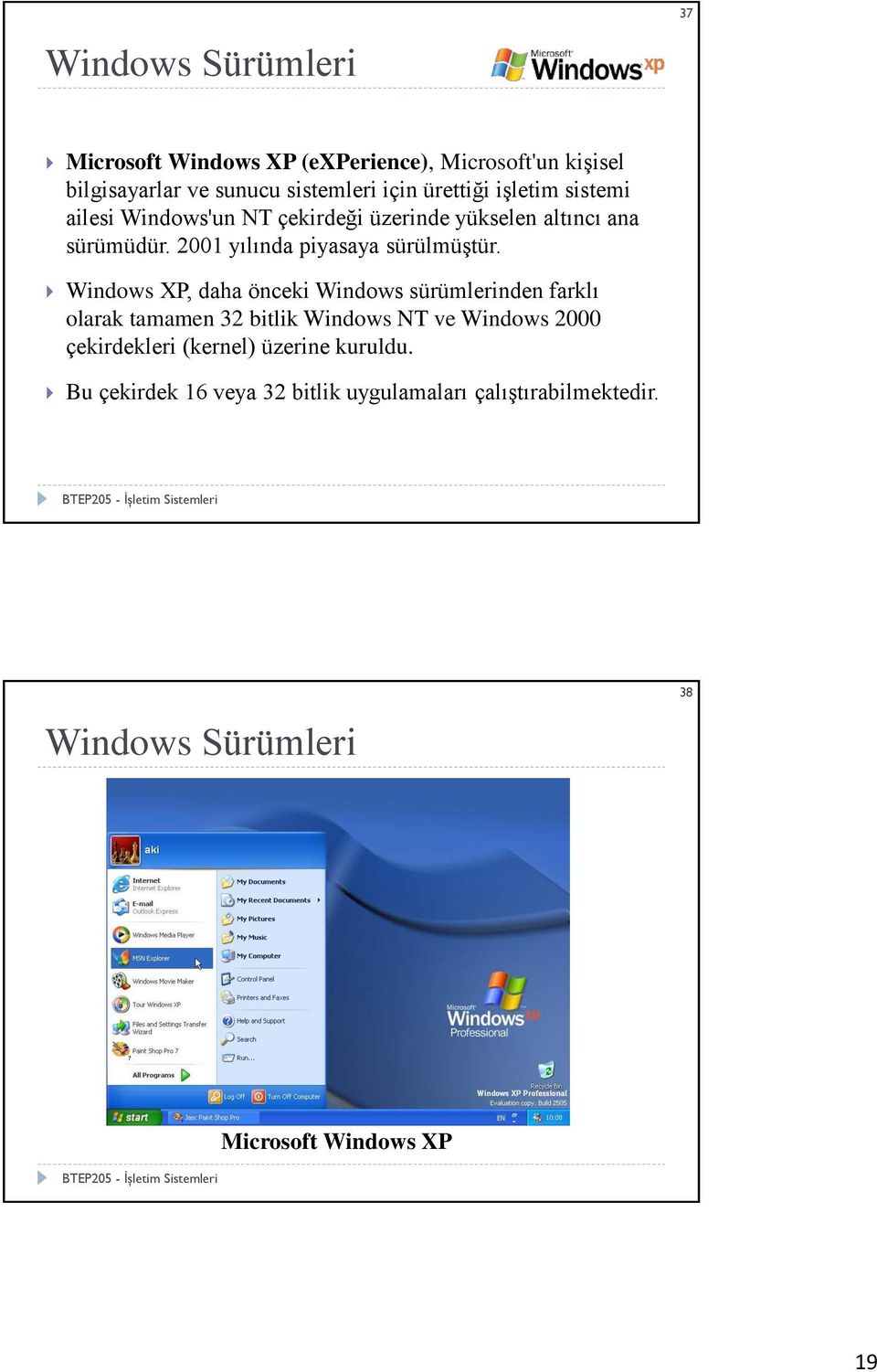 Windows XP, daha önceki Windows sürümlerinden farklı olarak tamamen 32 bitlik Windows NT ve Windows 2000 çekirdekleri