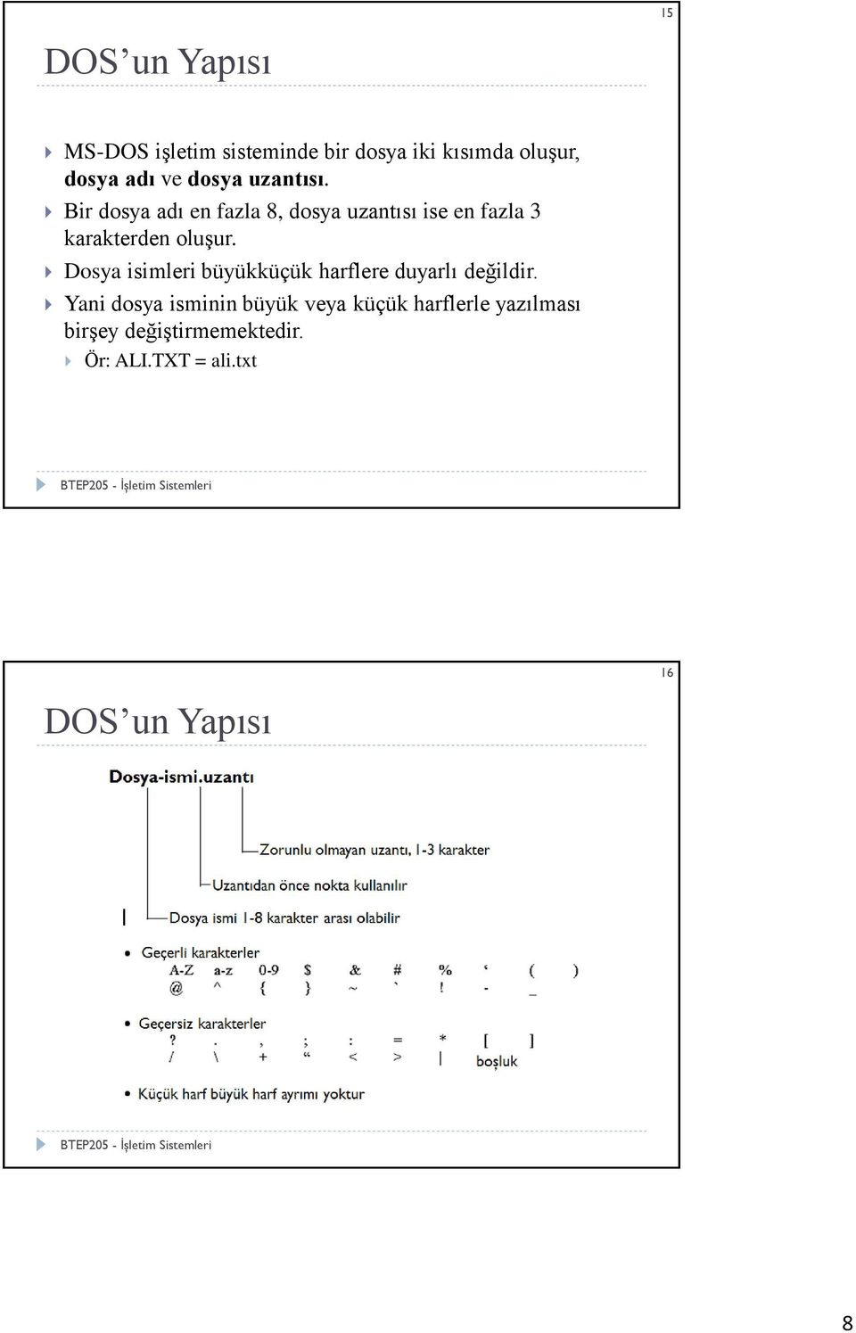 Bir dosya adı en fazla 8, dosya uzantısı ise en fazla 3 karakterden oluşur.