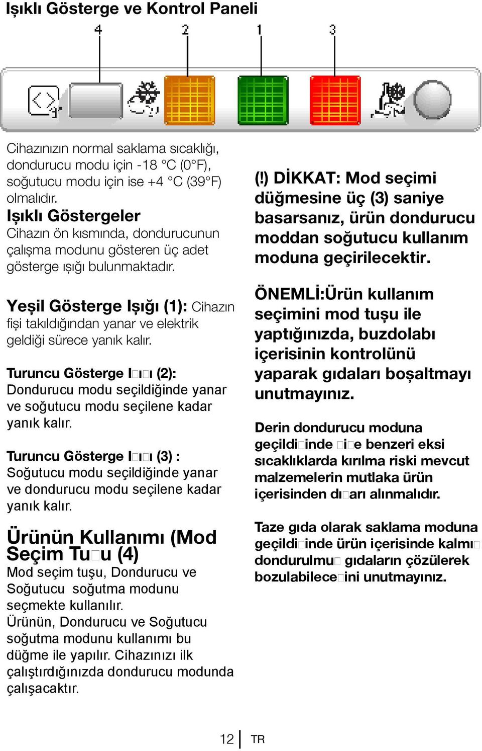 Yeşil Gösterge Işığı (1): Cihazın fişi takıldığından yanar ve elektrik geldiği sürece yanık kalır.