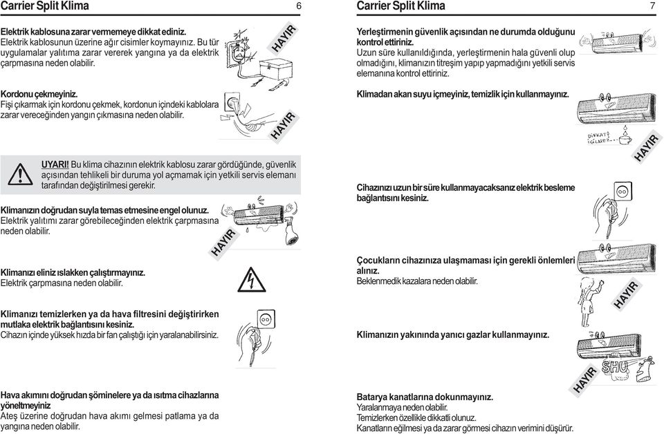 Uzun süre kullanýldýðýnda, yerleþtirmenin hala güvenli olup olmadýðýný, klimanýzýn titreþim yapýp yapmadýðýný yetkili servis elemanýna kontrol ettiriniz. Kordonu çekmeyiniz.