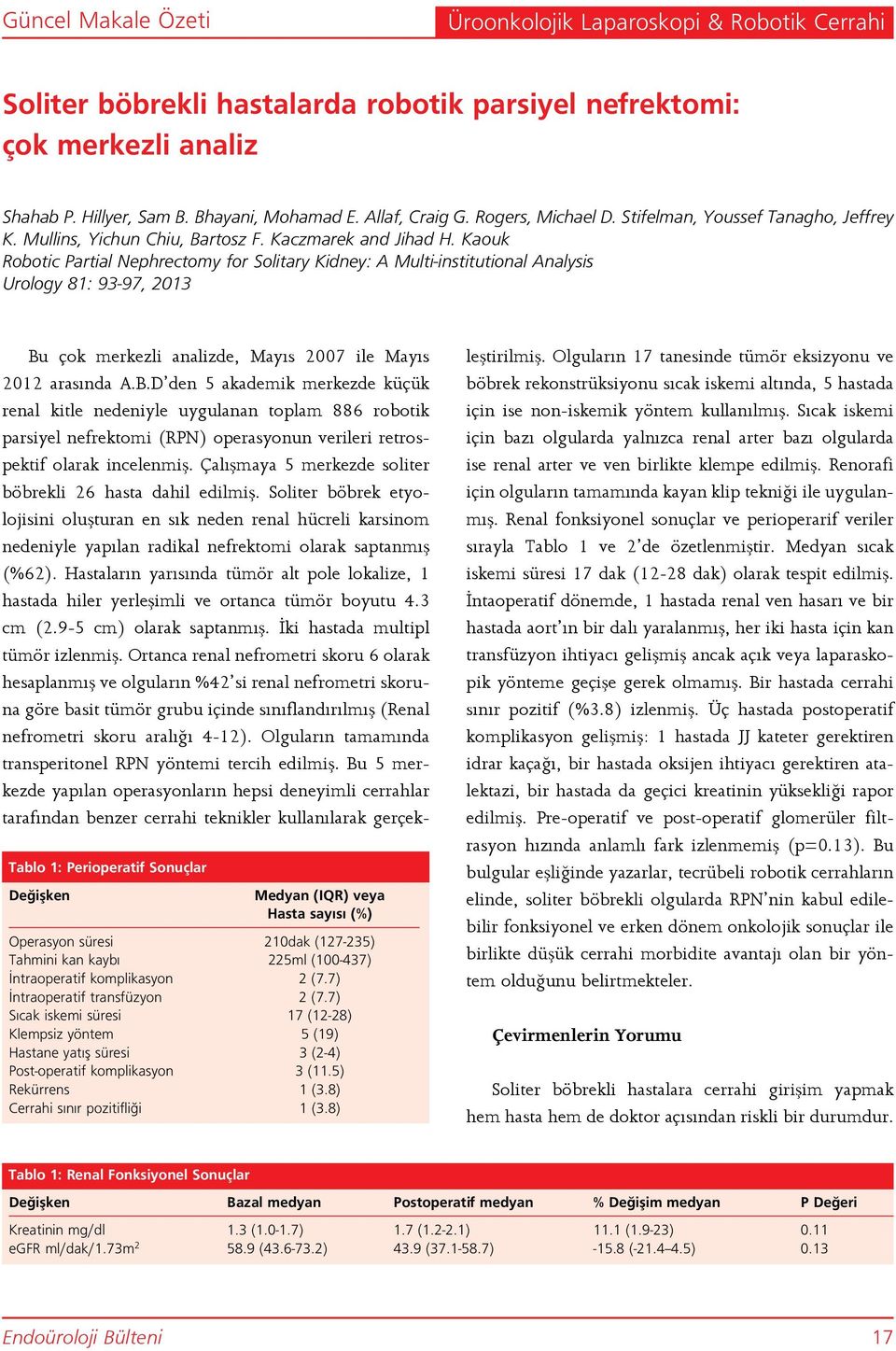 Kaouk Robotic Partial Nephrectomy for Solitary Kidney: A Multi-institutional Analysis Urology 81: 93-97, 2013 Tablo 1: Perioperatif Sonuçlar Değişken Medyan (IQR) veya Hasta sayısı (%) Operasyon