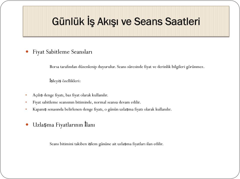 İşleyiş özellikleri: Açılış denge fiyatı, baz fiyat olarak kullanılır.