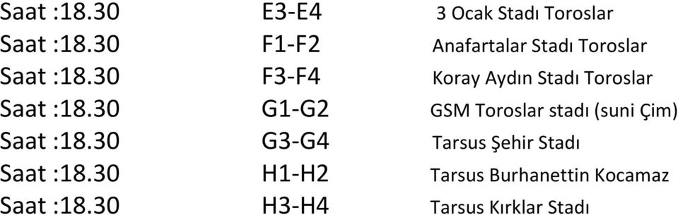 30 F3-F4 Koray Aydın Stadı Toroslar Saat :18.