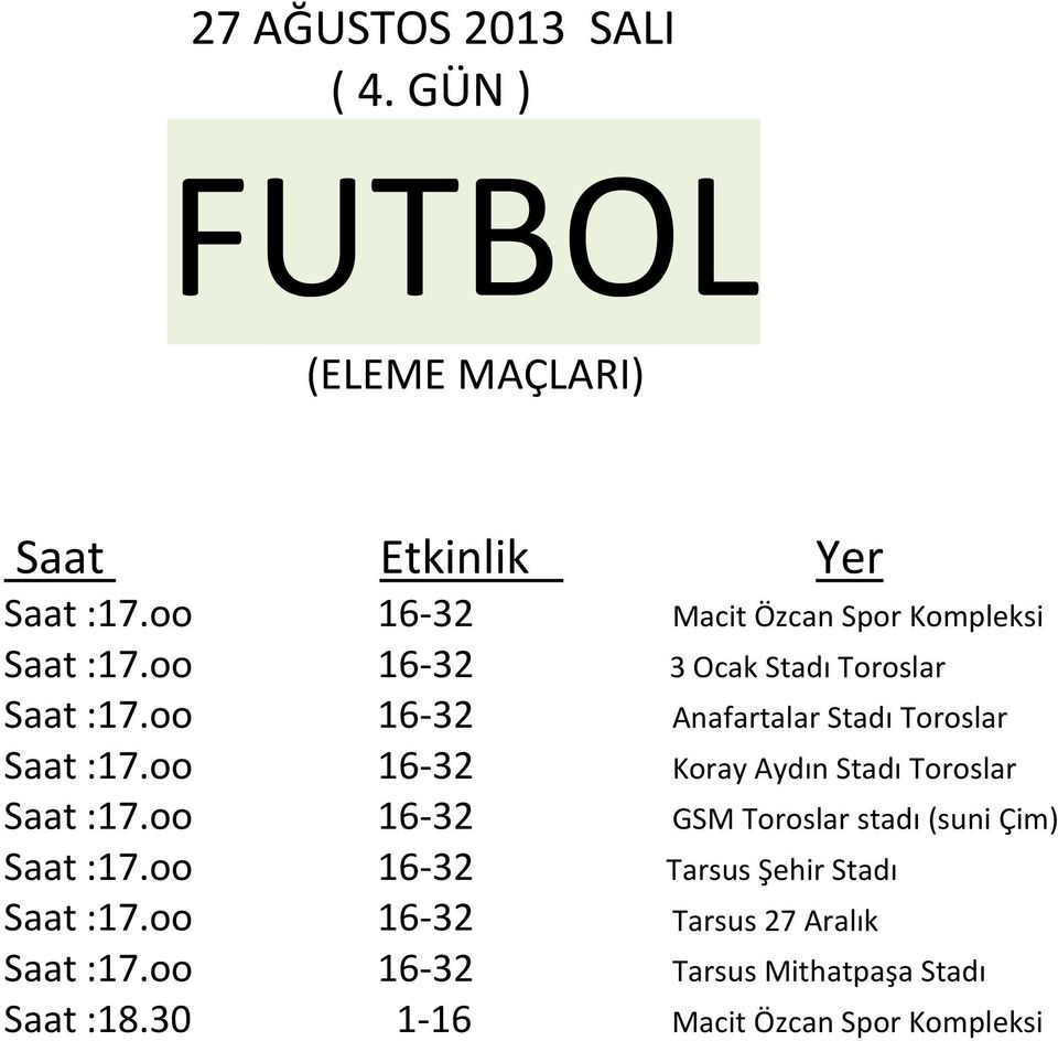 oo 16-32 Anafartalar Stadı Toroslar Saat :17.oo 16-32 Koray Aydın Stadı Toroslar Saat :17.