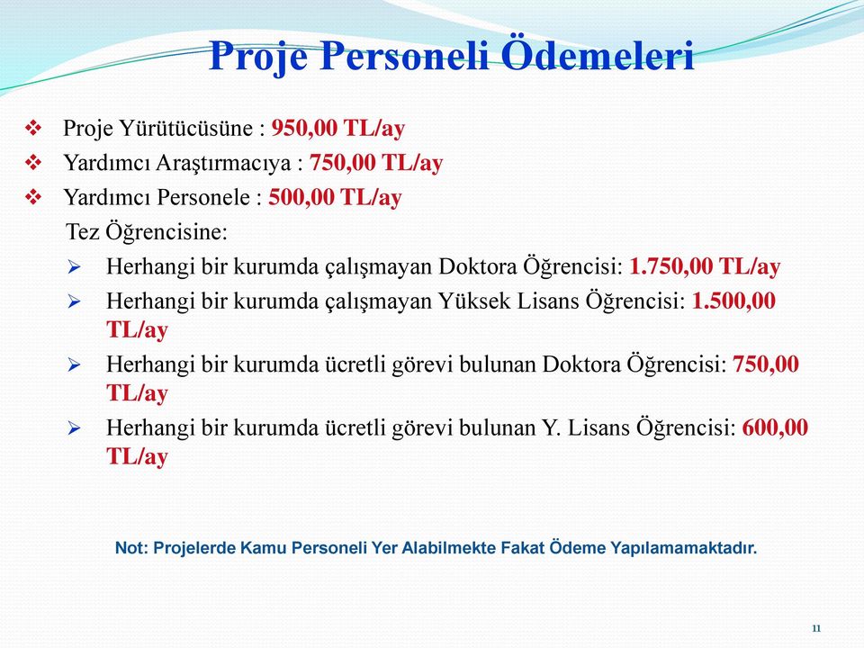 750,00 TL/ay Herhangi bir kurumda çalışmayan Yüksek Lisans Öğrencisi: 1.