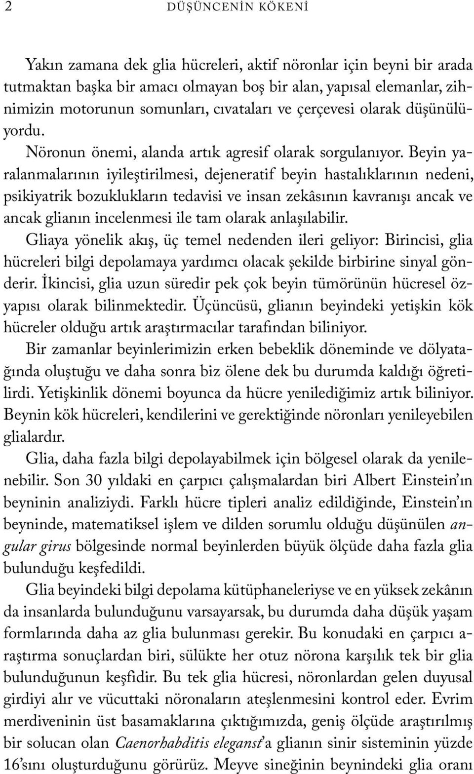 Beyin yaralanmalarının iyileştirilmesi, dejeneratif beyin hastalıklarının nedeni, psikiyatrik bozuklukların tedavisi ve insan zekâsının kavranışı ancak ve ancak glianın incelenmesi ile tam olarak