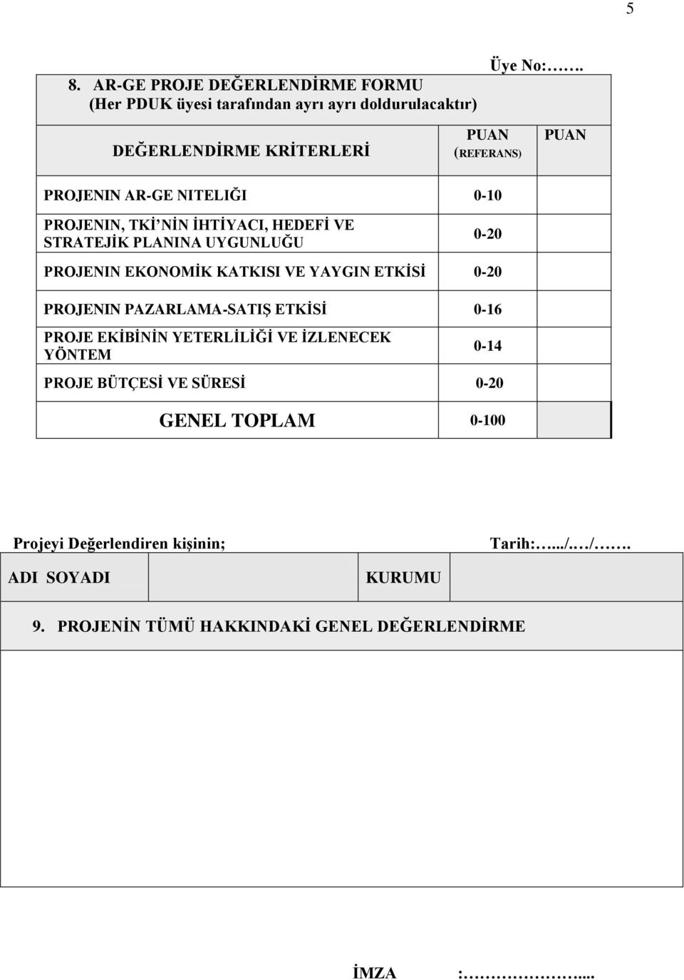 UYGUNLUĞU 0-20 PROJENIN EKONOMİK KATKISI VE YAYGIN ETKİSİ 0-20 PROJENIN PAZARLAMA-SATIŞ ETKİSİ 0-16 PROJE EKİBİNİN YETERLİLİĞİ VE