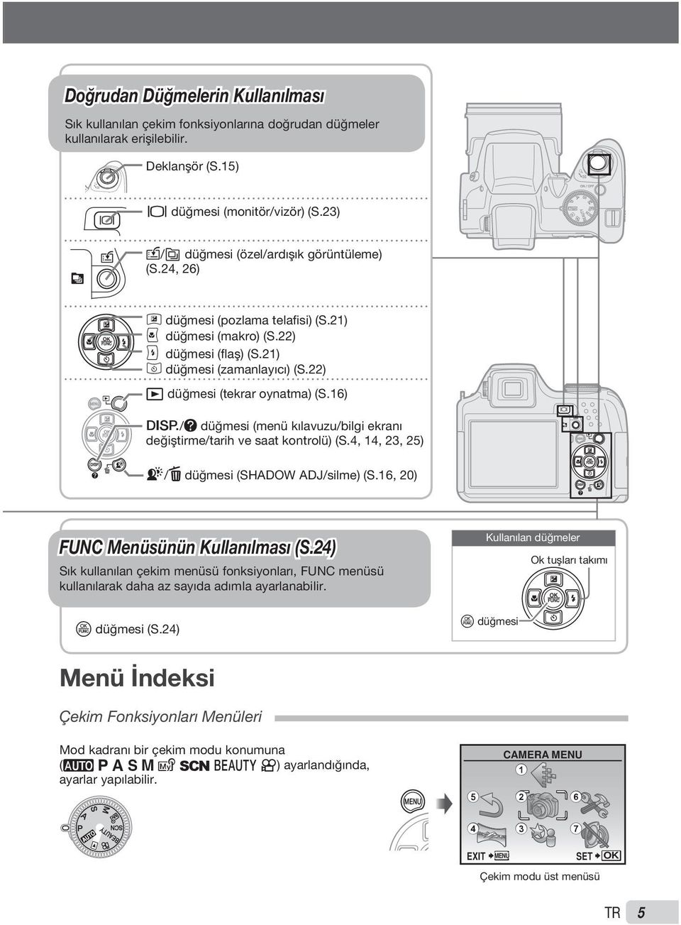 16) g/e düğmesi (menü kılavuzu/bilgi ekranı değiştirme/tarih ve saat kontrolü) (S.4, 14, 23, 25) f/d düğmesi (SHADOW ADJ/silme) (S.16, 20) FUNC Menüsünün Kullanılması (S.