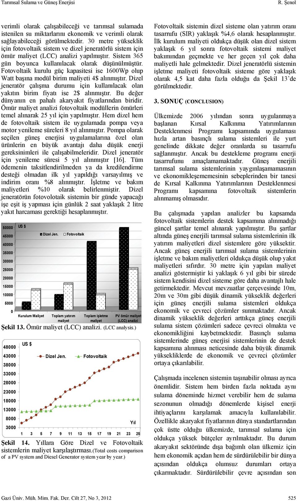 Fotovoltaik kurulu güç kapasitesi ise 16Wp olup Watt başına modül birim maliyeti 4$ alınmıştır. Dizel jeneratör çalışma durumu için kullanılacak olan yakıtın birim fiyatı ise 2$ alınmıştır.