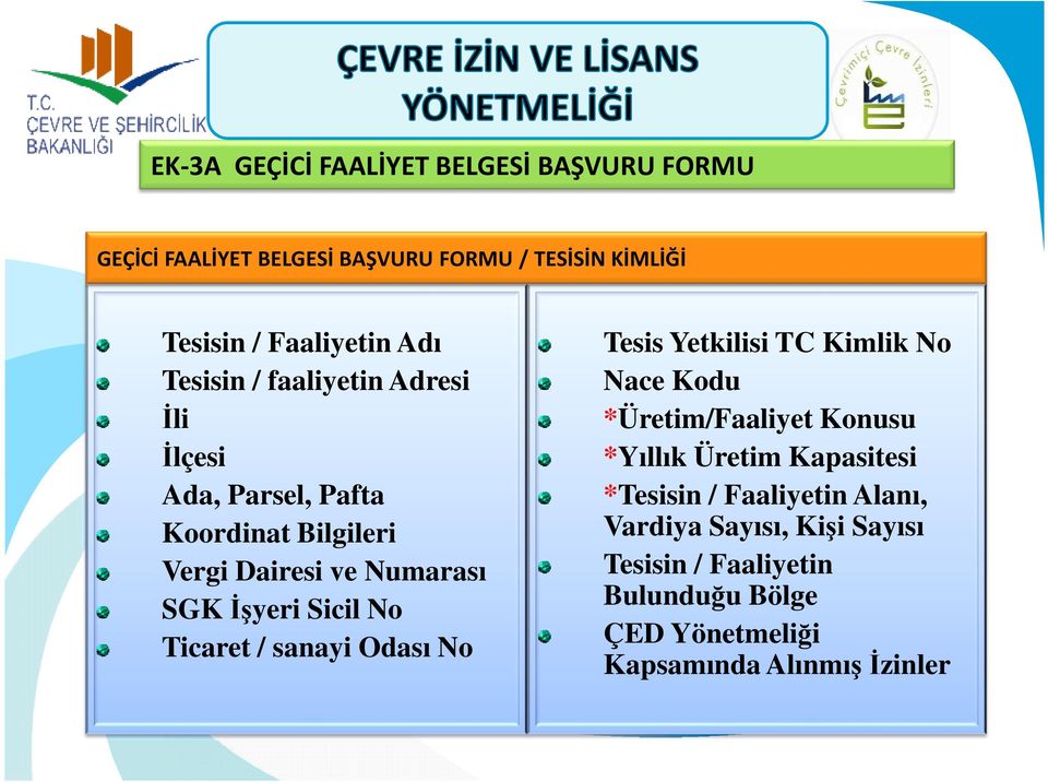 Ticaret / sanayi Odası No Tesis Yetkilisi TC Kimlik No Nace Kodu *Üretim/Faaliyet Konusu *Yıllık Üretim Kapasitesi *Tesisin