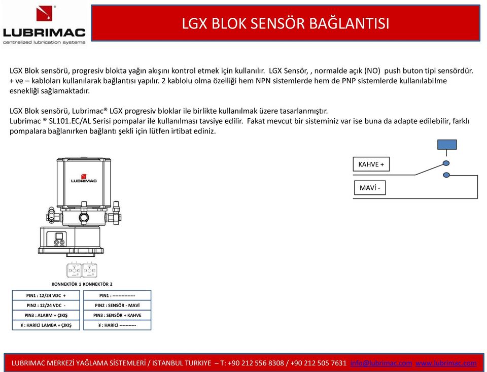 LGX Blok sensörü, Lubrimac LGX progresiv bloklar ile birlikte kullanılmak üzere tasarlanmıştır. Lubrimac SL101.EC/AL Serisi pompalar ile kullanılması tavsiye edilir.