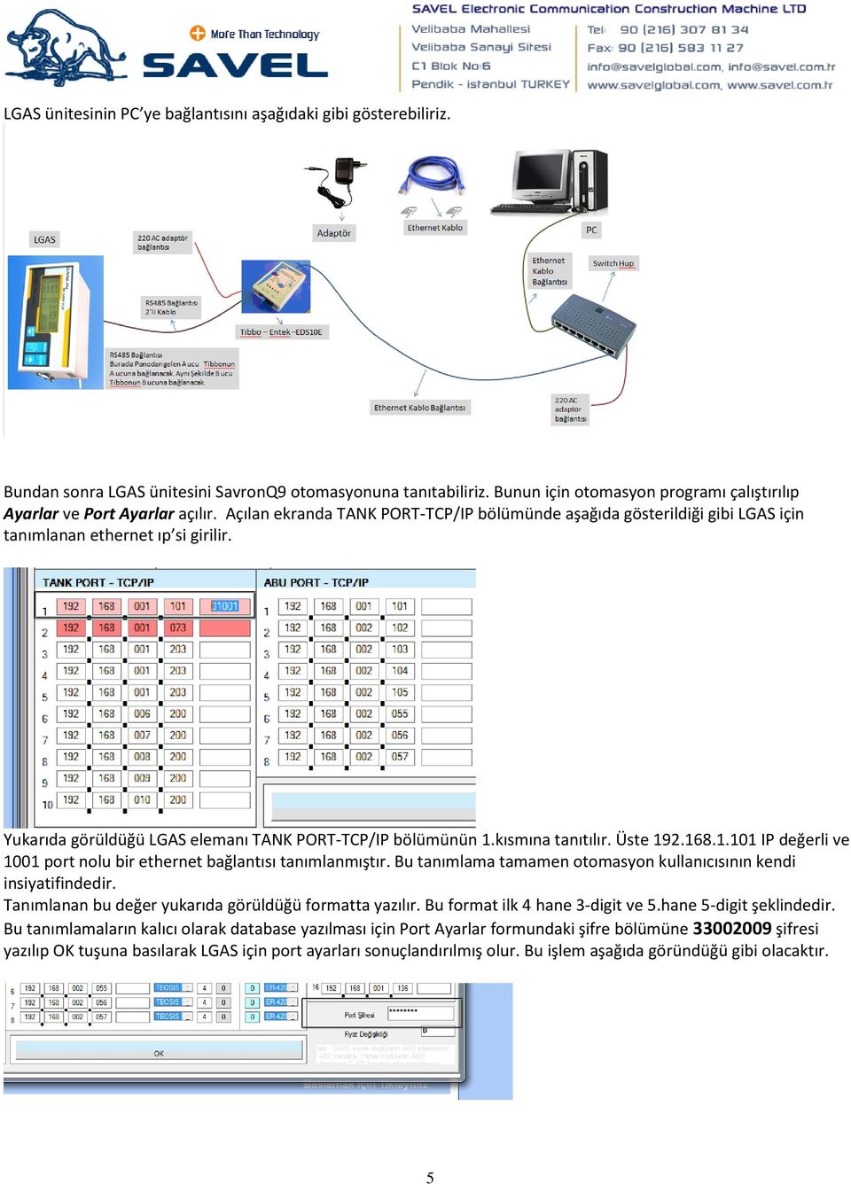 Yukarıda görüldüğü LGAS elemanı TANK PORT-TCP/IP bölümünün 1.kısmına tanıtılır. Üste 192.168.1.101 IP değerli ve 1001 port nolu bir ethernet bağlantısı tanımlanmıştır.