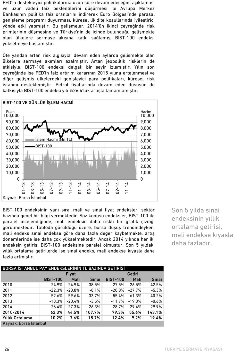 Bu gelişmeler, 2014 ün ikinci çeyreğinde risk primlerinin düşmesine ve Türkiye nin de içinde bulunduğu gelişmekte olan ülkelere sermaye akışına katkı sağlamış, BIST-100 endeksi yükselmeye başlamıştır.