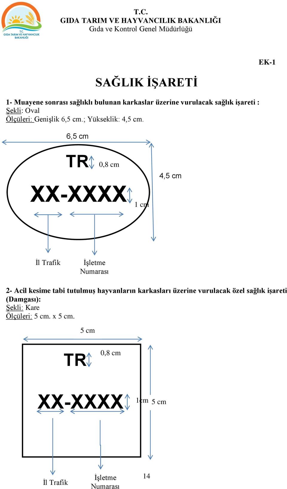 6,5 cm TR 0,8 cm XX-XXXX 1 cm 4,5 cm cm İl Trafik Kodu İşletme Numarası 2- Acil kesime tabi tutulmuş