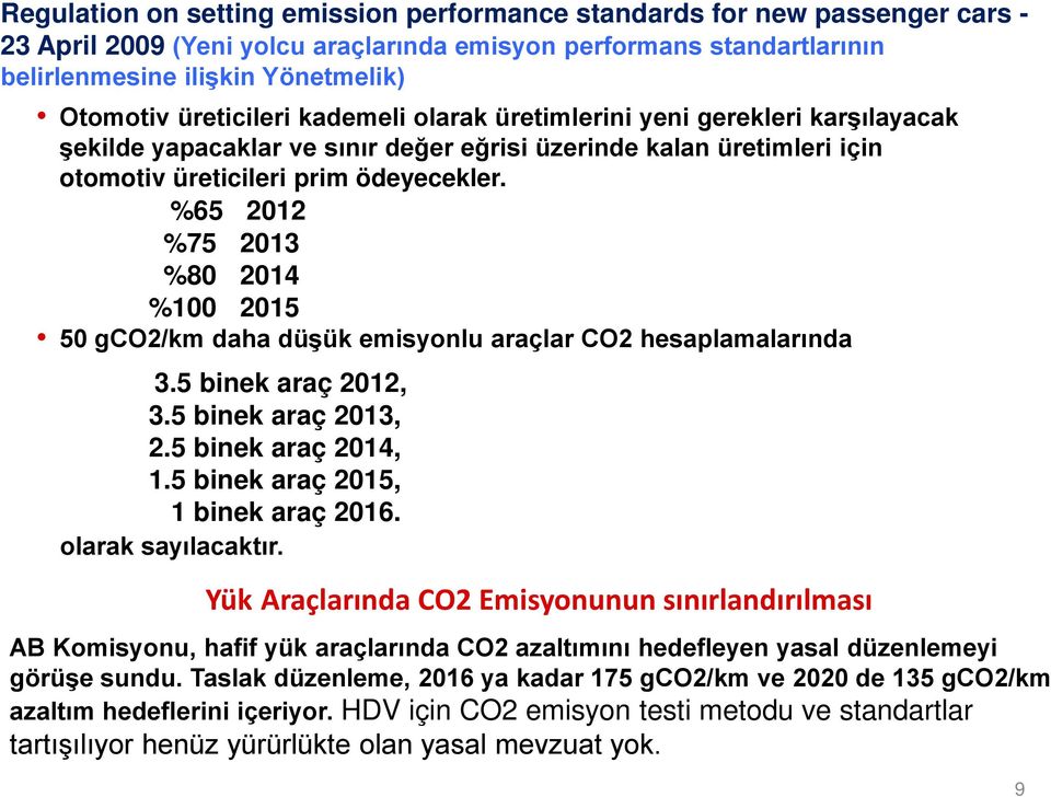 %65 2012 %75 2013 %80 2014 %100 2015 50 gco2/km daha düşük emisyonlu araçlar CO2 hesaplamalarında 3.5 binek araç 2012, 3.5 binek araç 2013, 2.5 binek araç 2014, 1.5 binek araç 2015, 1 binek araç 2016.