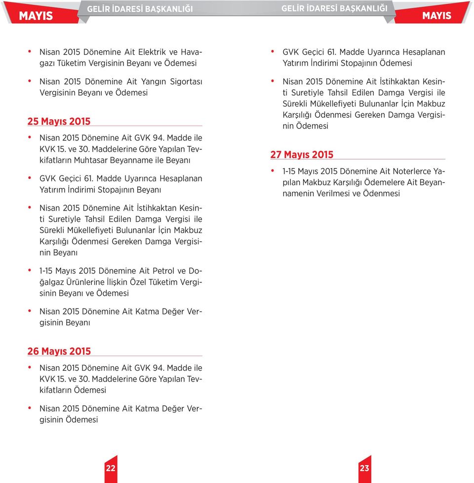 Madde Uyarınca Hesaplanan Yatırım İndirimi Stopajının Nisan 2015 Dönemine Ait İstihkaktan Kesinti 27 Mayıs 2015 1-15 Mayıs 2015 Dönemine Ait Noterlerce Yapılan Makbuz Karşılığı