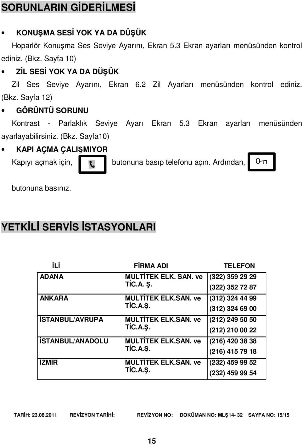 3 Ekran ayarları menüsünden ayarlayabilirsiniz. (Bkz. Sayfa10) KAPI AÇMA ÇALIŞMIYOR Kapıyı açmak için, butonuna basıp telefonu açın. Ardından, butonuna basınız.