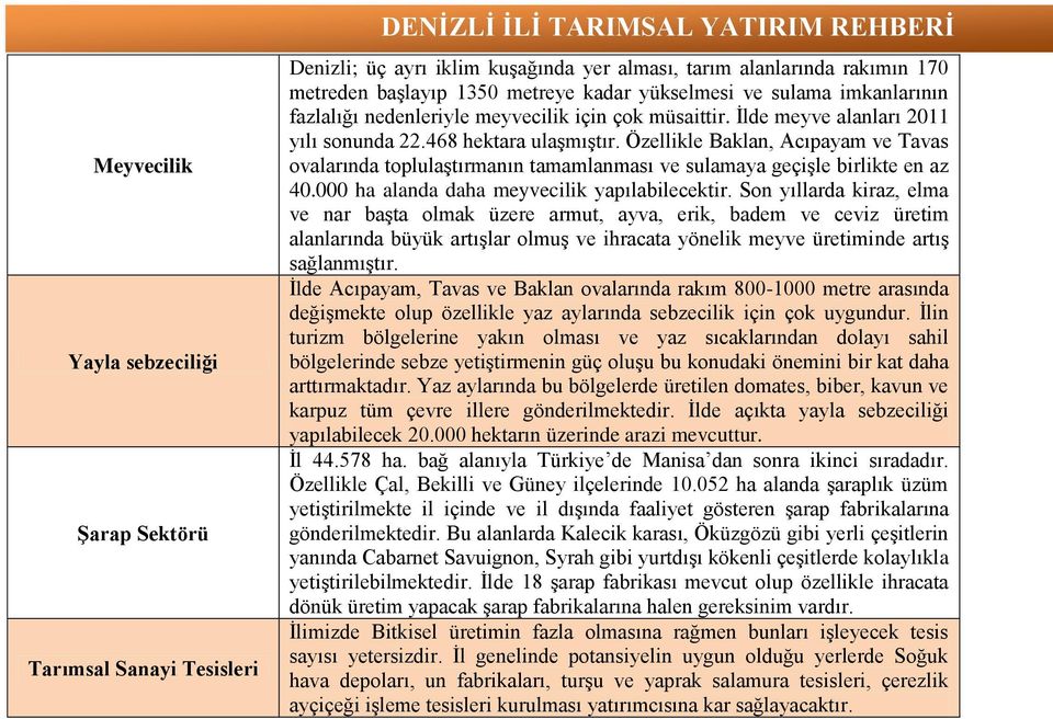 Özellikle Baklan, Acıpayam ve Tavas ovalarında toplulaştırmanın tamamlanması ve sulamaya geçişle birlikte en az 40.000 ha alanda daha meyvecilik yapılabilecektir.