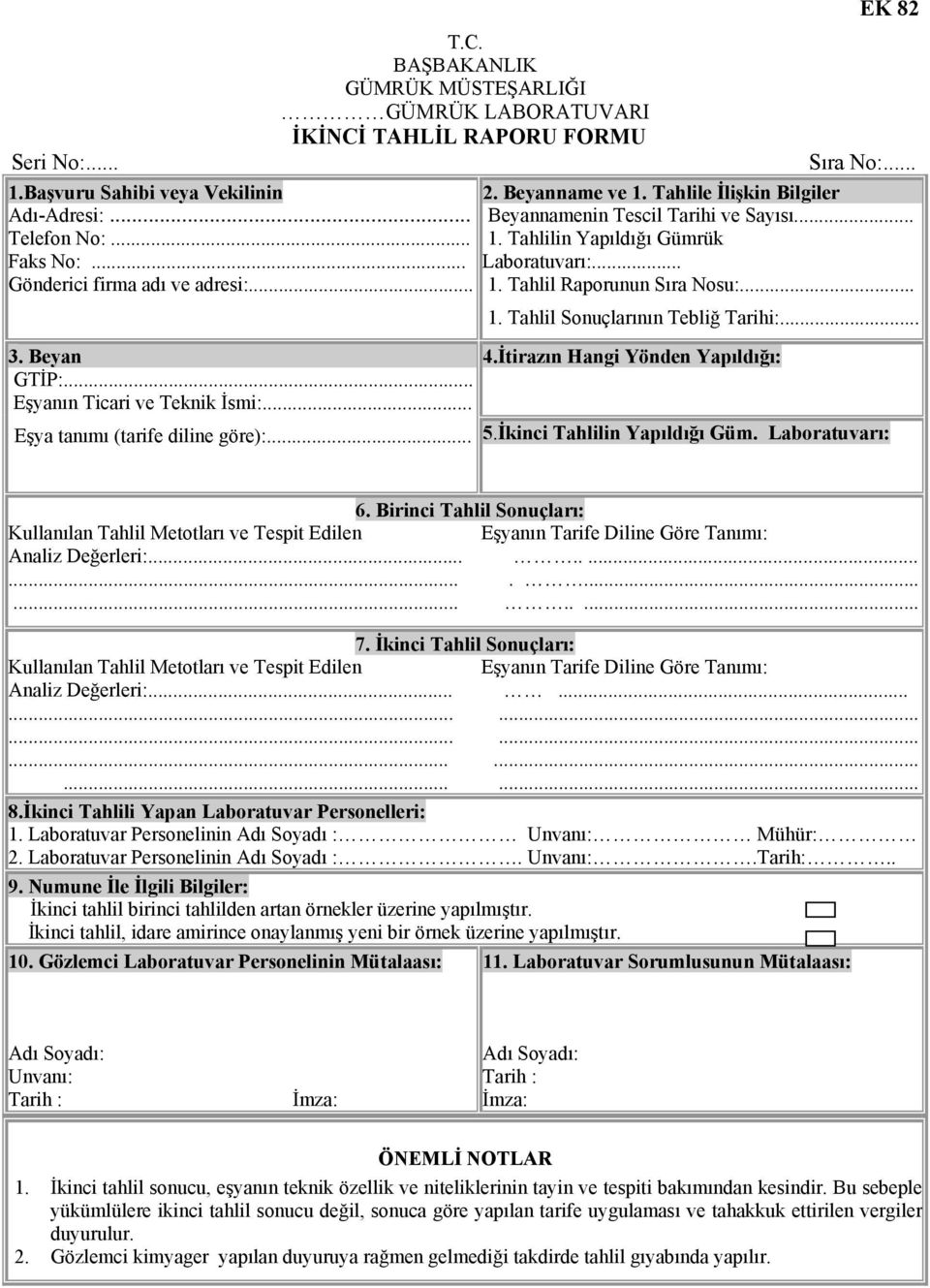 .. 1. Tahlil Raporunun Sıra Nosu:... 1. Tahlil Sonuçlarının Tebliğ Tarihi:... 4.İtirazın Hangi Yönden Yapıldığı: 5.İkinci Tahlilin Yapıldığı Güm. Laboratuvarı: 6.