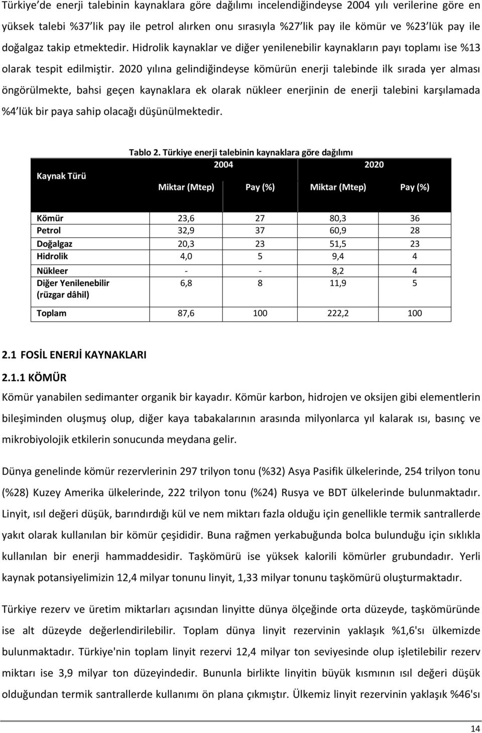 2020 yılına gelindiğindeyse kömürün enerji talebinde ilk sırada yer alması öngörülmekte, bahsi geçen kaynaklara ek olarak nükleer enerjinin de enerji talebini karşılamada %4 lük bir paya sahip