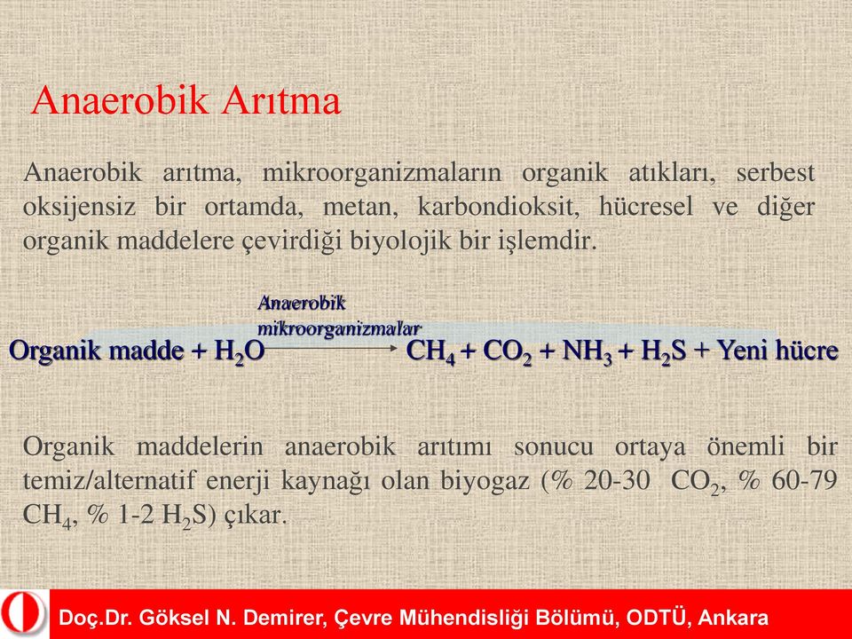 Organik madde + H 2 O Anaerobik mikroorganizmalar CH 4 + CO 2 + NH 3 + H 2 S + Yeni hücre Organik maddelerin