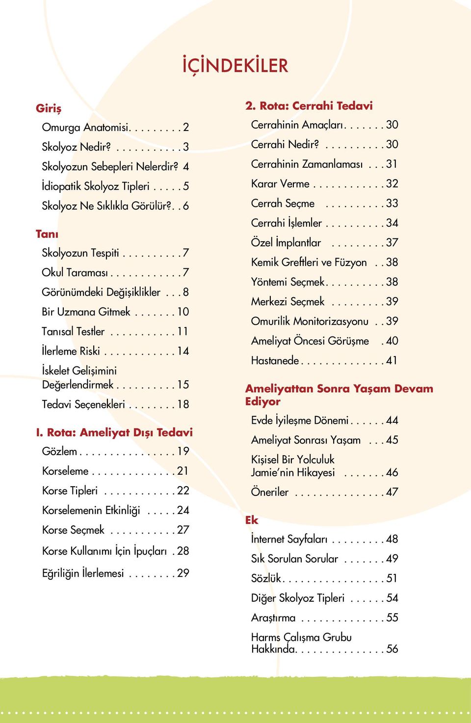 ..19 Korseleme...21 Korse Tipleri............ 22 Korselemenin Etkinliği...24 Korse Seçmek...27 Korse Kullanımı İçin İpuçları. 28 Eğriliğin İlerlemesi...29 2. Rota: Cerrahi Tedavi Cerrahinin Amaçları.