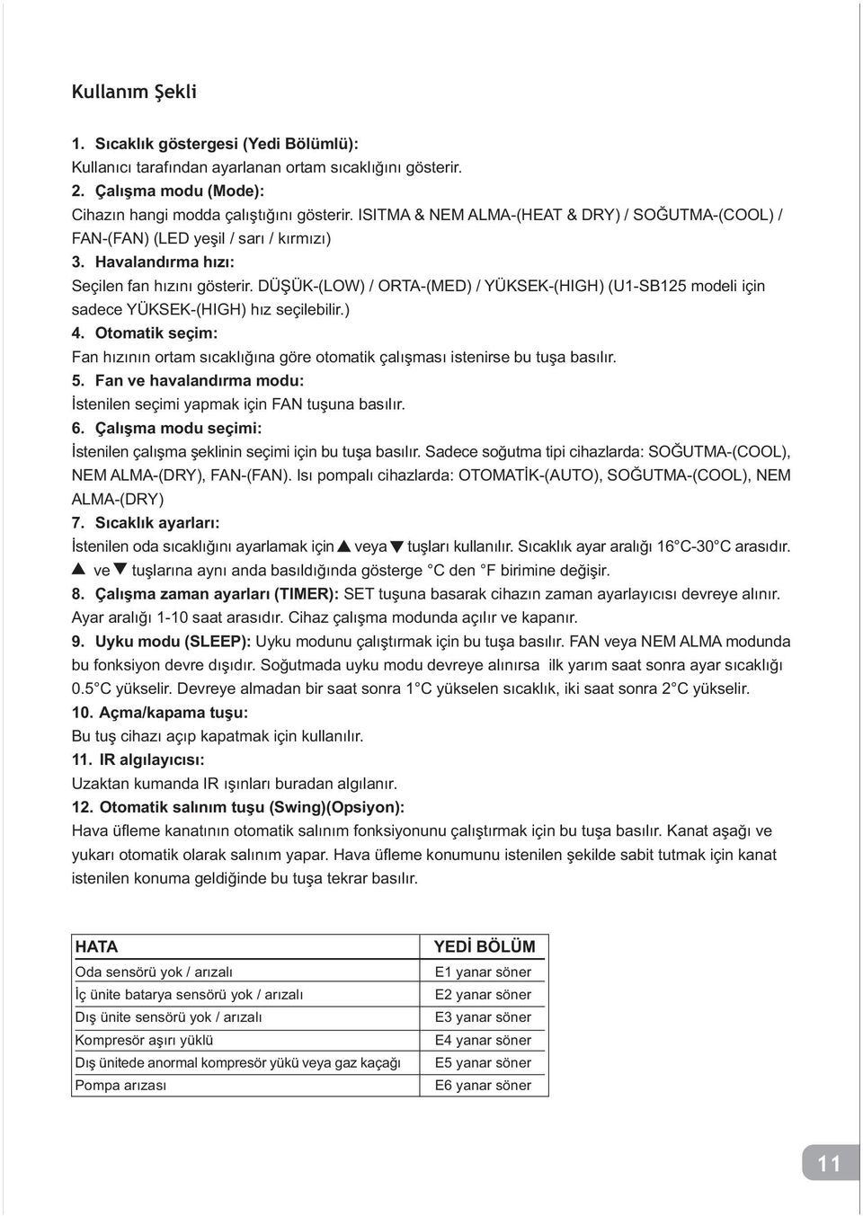 DÜÞÜK-(LOW) / ORTA-(MED) / YÜKSEK-(HIGH) (U1-SB125 modeli için sadece YÜKSEK-(HIGH) hýz seçilebilir.) 4.