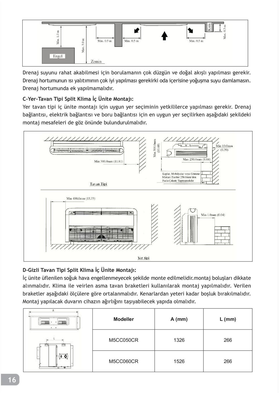 Drenaj baðlantýsý, elektrik baðlantýsý ve boru baðlantýsý için en uygun yer seçilirken aþaðýdaki þekildeki montaj mesafeleri de göz önünde bulundurulmalýdýr.