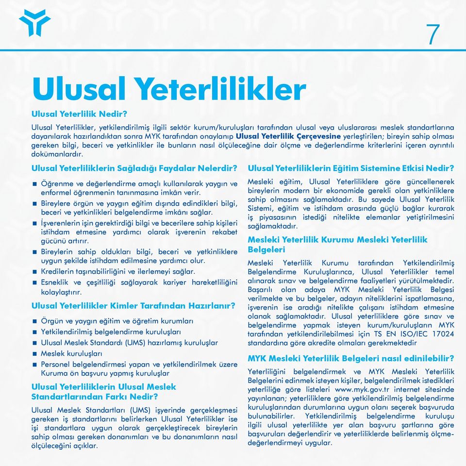 Yeterlilik Çerçevesine yerleştirilen; bireyin sahip olması gereken bilgi, beceri ve yetkinlikler ile bunların nasıl ölçüleceğine dair ölçme ve değerlendirme kriterlerini içeren ayrıntılı