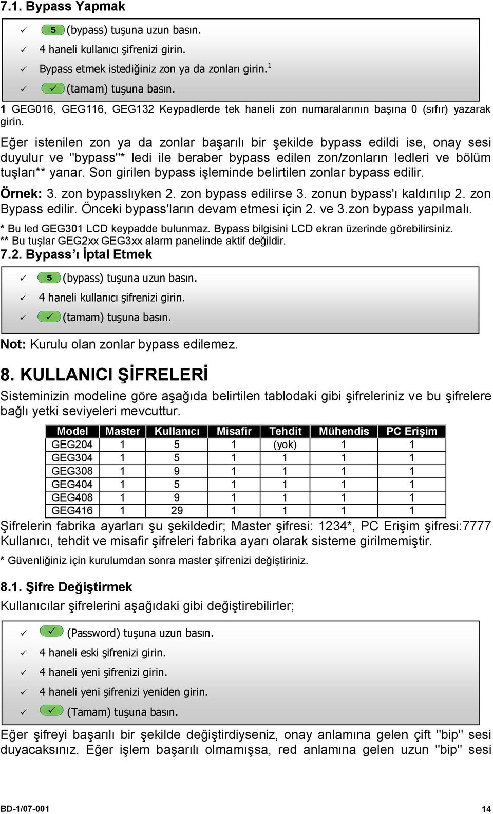 Eğer istenilen zon ya da zonlar başarılı bir şekilde bypass edildi ise, onay sesi duyulur ve "bypass"* ledi ile beraber bypass edilen zon/zonların ledleri ve bölüm tuşları** yanar.