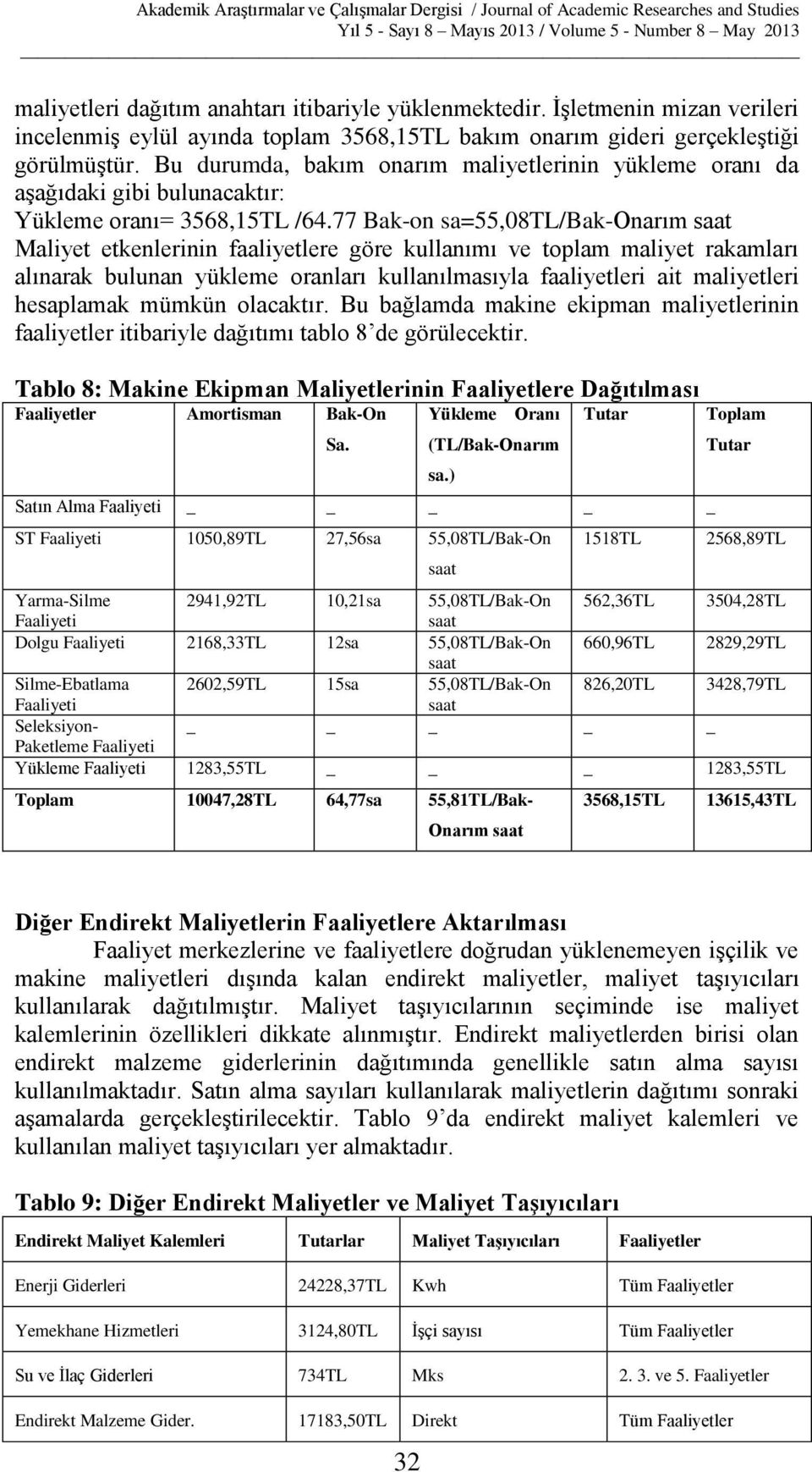 77 Bak-on sa=55,08tl/bak-onarım saat Maliyet etkenlerinin faaliyetlere göre kullanımı ve toplam maliyet rakamları alınarak bulunan yükleme oranları kullanılmasıyla faaliyetleri ait maliyetleri