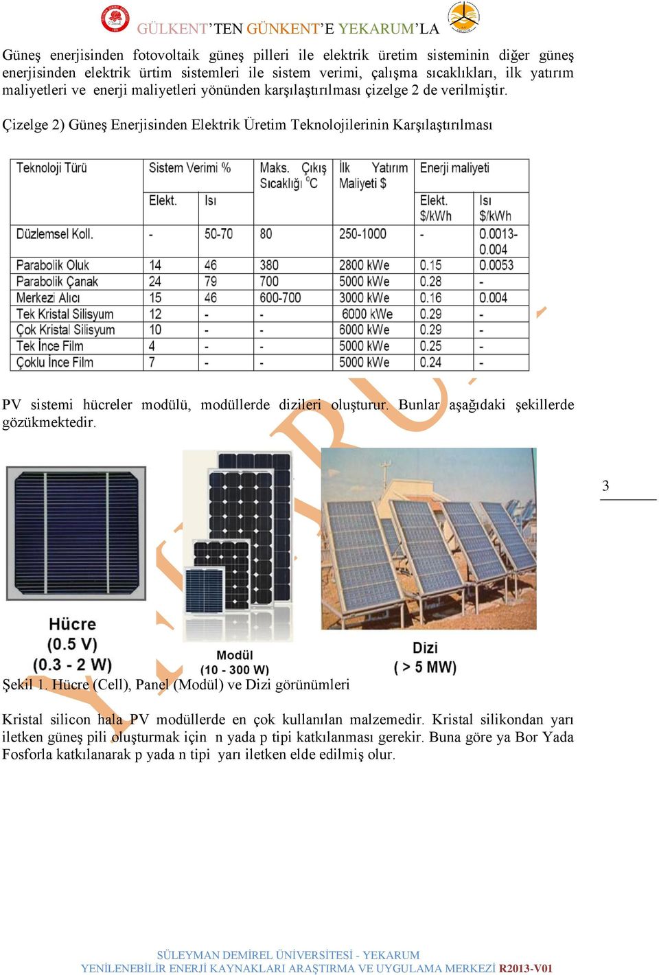 Çizelge 2) Güneş Enerjisinden Elektrik Üretim Teknolojilerinin Karşılaştırılması PV sistemi hücreler modülü, modüllerde dizileri oluşturur. Bunlar aşağıdaki şekillerde gözükmektedir.