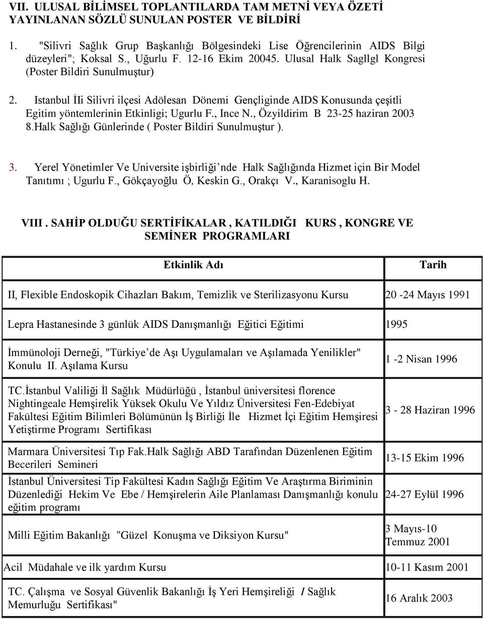 Istanbul İIi Silivri ilçesi Adölesan Dönemi Gençliginde AIDS Konusunda çeşitli Egitim yöntemlerinin Etkinligi; Ugurlu F., Ince N., Özyildirim B 23-25 haziran 2003 8.