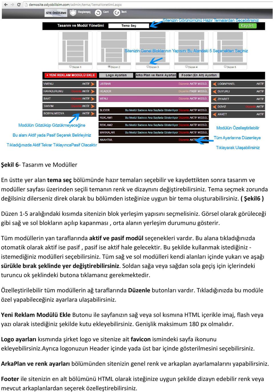 ( Şekil6 ) Düzen 1-5 aralığındaki kısımda sitenizin blok yerleşim yapısını seçmelisiniz. Görsel olarak görüleceği gibi sağ ve sol blokların açılıp kapanması, orta alanın yerleşim durumunu gösterir.