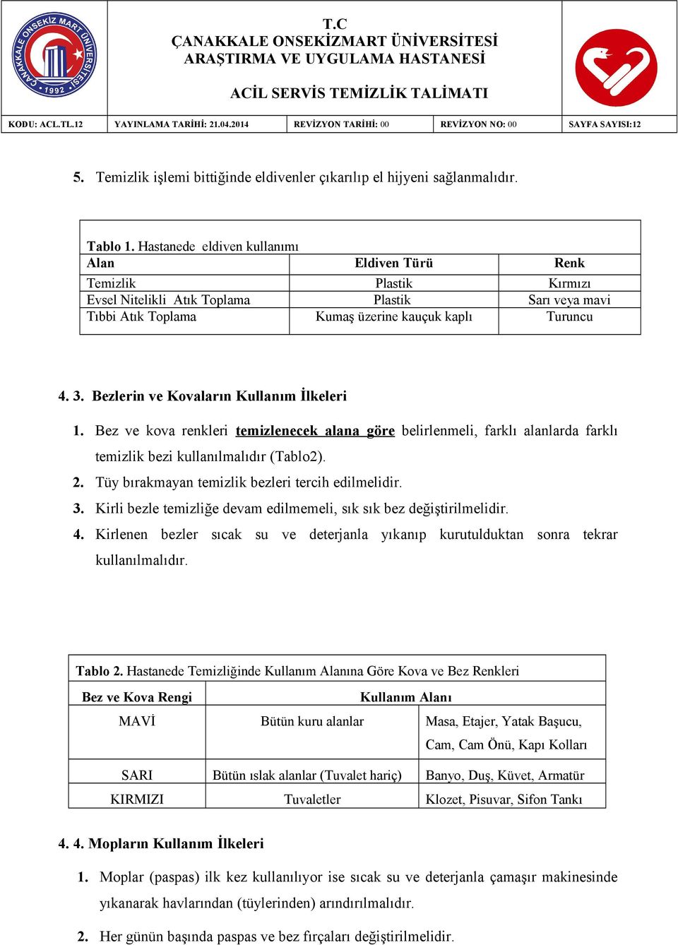 Bezlerin ve Kovaların Kullanım İlkeleri 1. Bez ve kova renkleri temizlenecek alana göre belirlenmeli, farklı alanlarda farklı temizlik bezi kullanılmalıdır (Tablo2). 2.