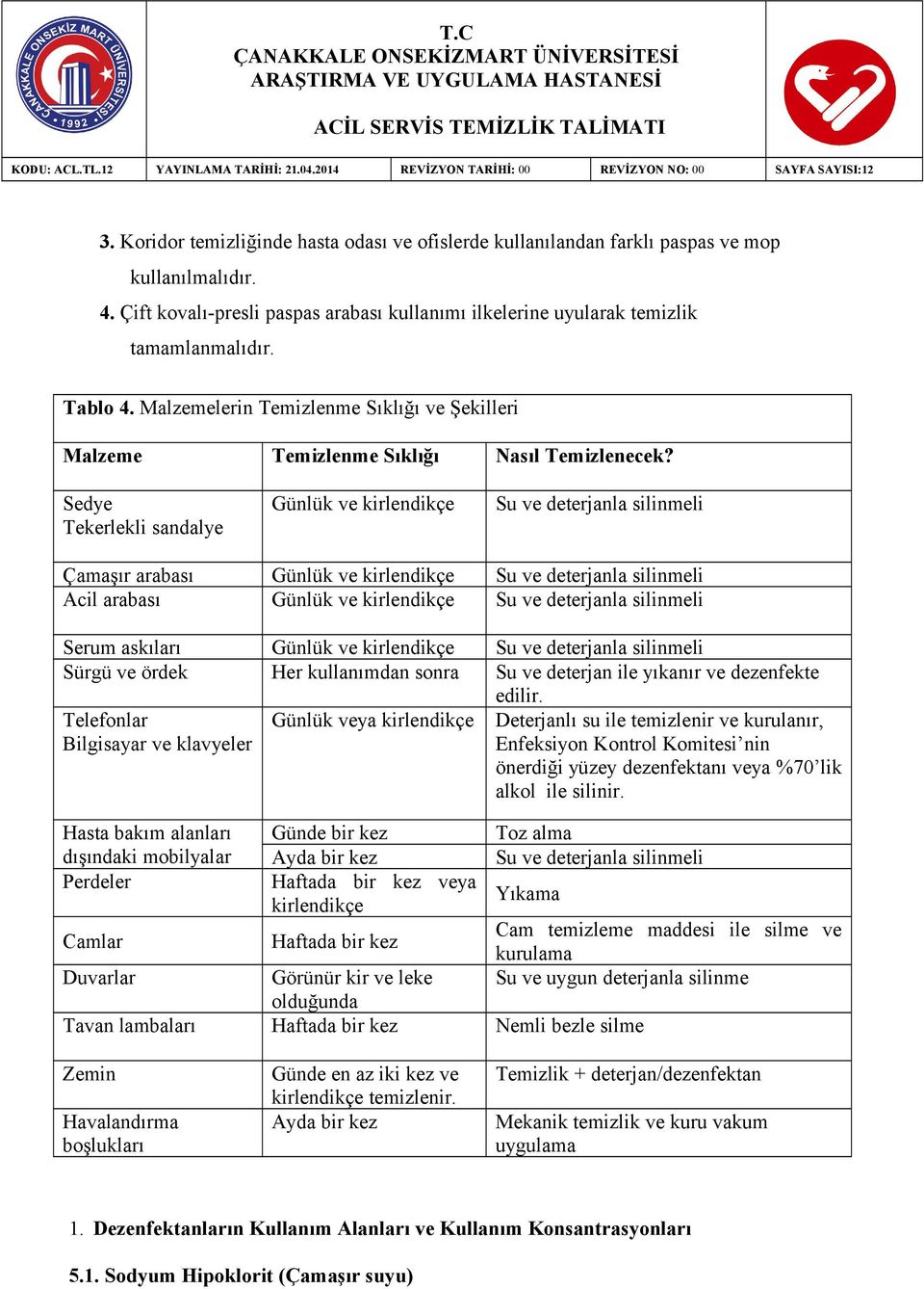 Sedye Tekerlekli sandalye Günlük ve kirlendikçe Su ve deterjanla silinmeli Çamaşır arabası Günlük ve kirlendikçe Su ve deterjanla silinmeli Acil arabası Günlük ve kirlendikçe Su ve deterjanla